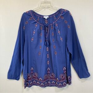 J.Jill Embroidered Peasant Top Sz XL Petite Womens Imperial Blue Boho